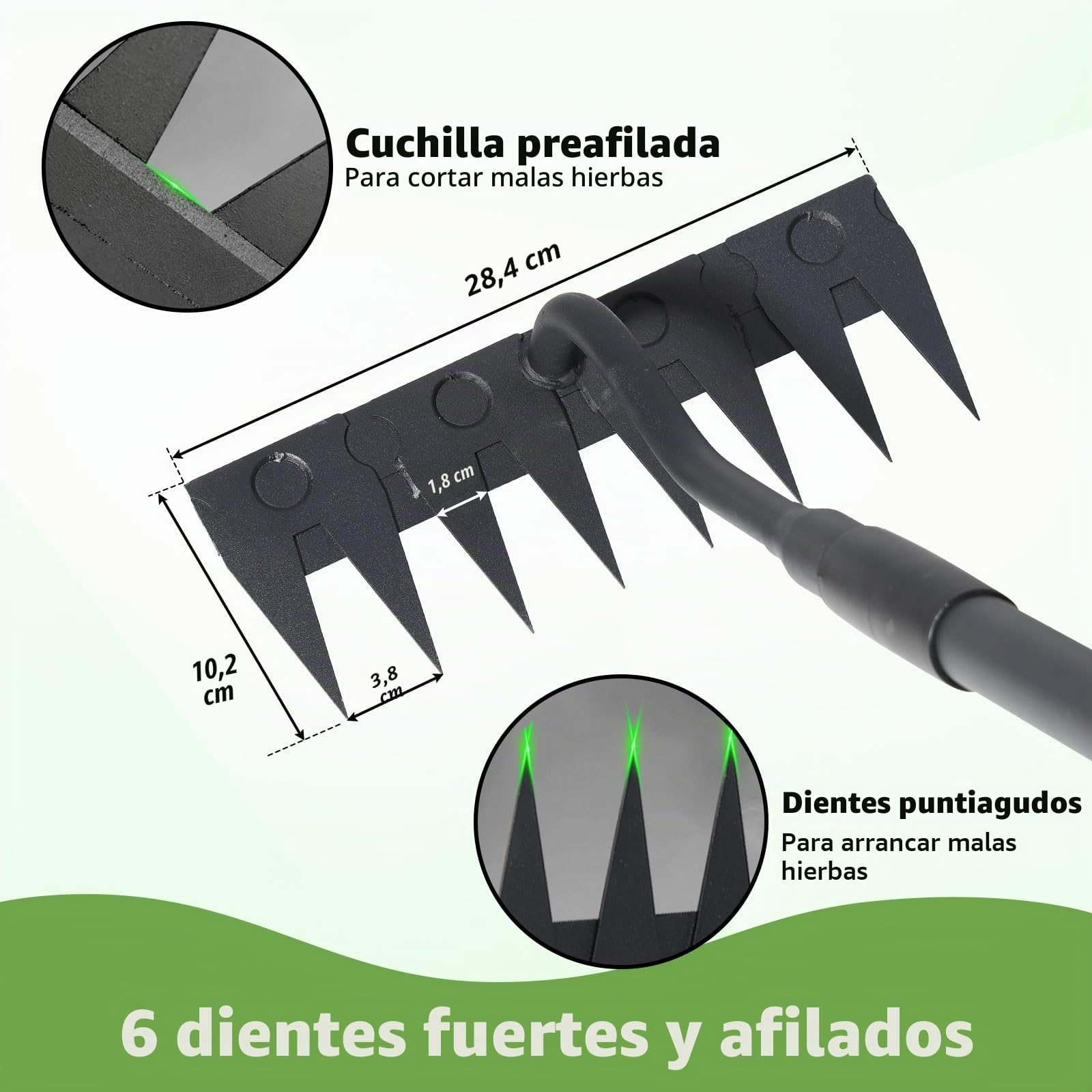 Rastrillo de jardín, mango largo de 140 cm, 8 dientes de jardín de carga pesada, rastrillo de metal de carbono de jardín, rastrillo manual para malezas, rastillo de jardín trasero, herramienta de