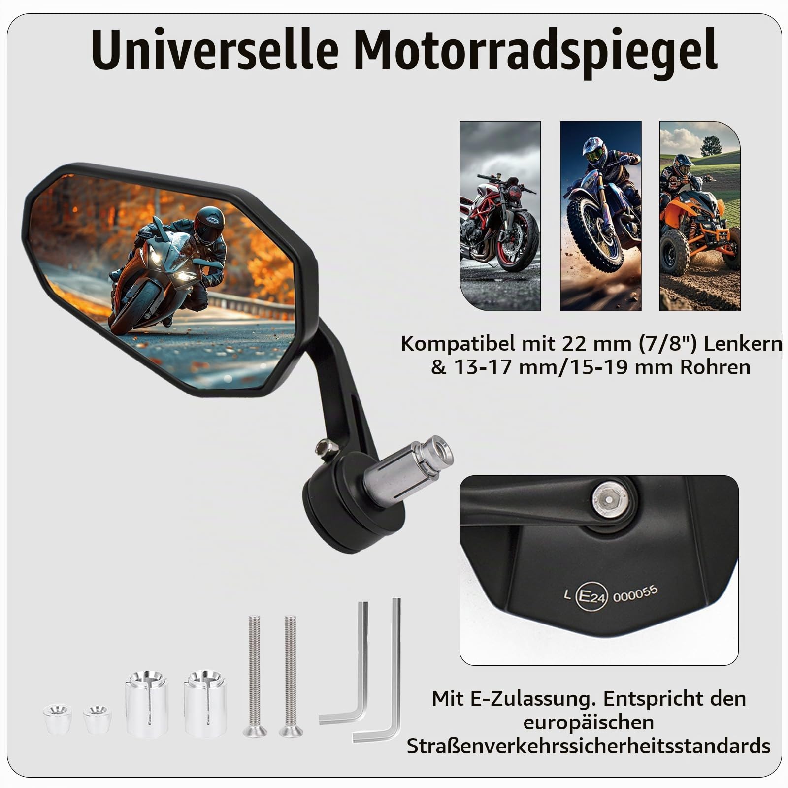 Lenkerendenspiegel E-geprüft 360°Drehbare Motorrad Unterlenker Spiegel | 7/8" 22mm Seitenspiegel für Lenker, Rückspiegel Motorrad für M8-Gewinde, für Scooter, Roller, ATV, Streetbikes, 2 Stück