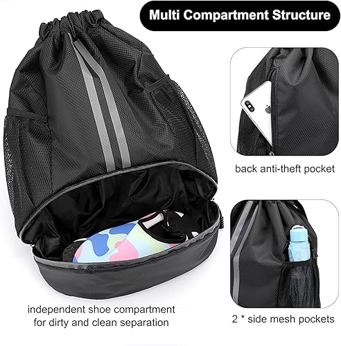 Miniatura 2 de Mochila de natación con cordón y bolsillo húmedo para zapatos, bolsa de cuerda para playa, piscina, gimnasio, deportes, Negro -, Playa