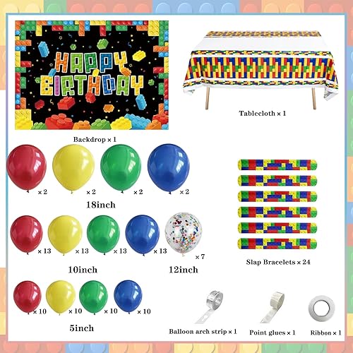 Miniatura 2 de Bloque de construcción para decoración de fiesta de cumpleaños para niños, kit de arco de globos de ladrillo para fiesta de cumpleaños, mantel de
