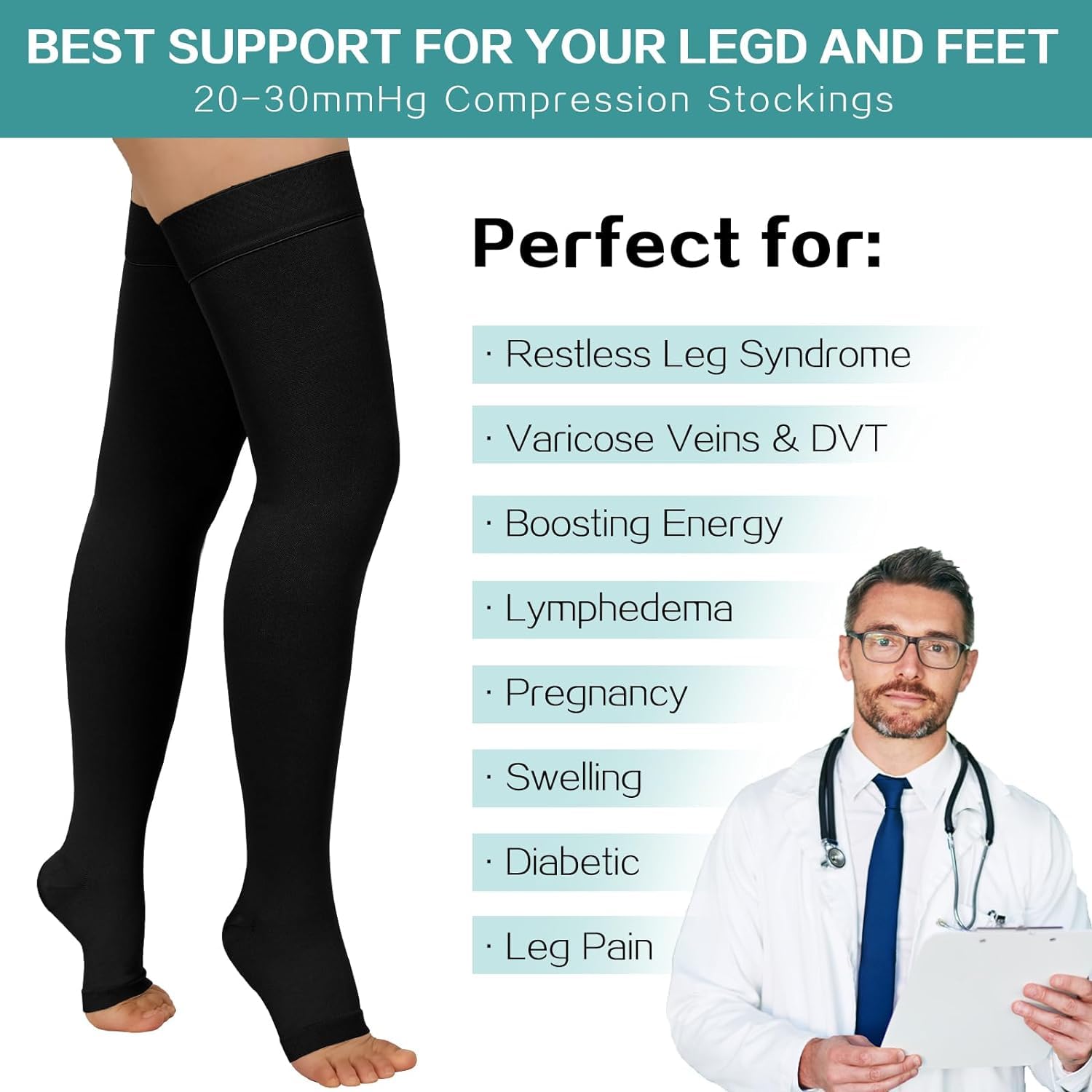 2 pares de medias de compresión hasta el muslo de 20-30 mmHg, médicas con banda de silicona para puntos, el mejor apoyo para lactancia, venas varicosas, deportes para mujeres y hombres