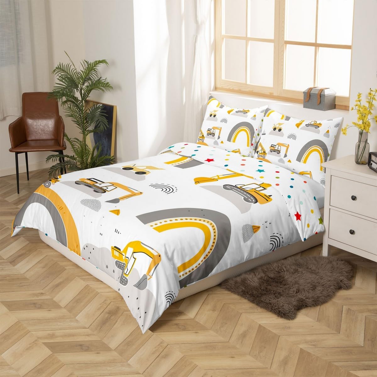 jejeloiu Kids Kids Excavator Bedding Set Toddler Size, Rainbow Construction Vehicles Duvet Cover Equipment Trucks Comforter Cover Boys Girls Teens Bedroom Decor Quilt Cover (No Comforter)