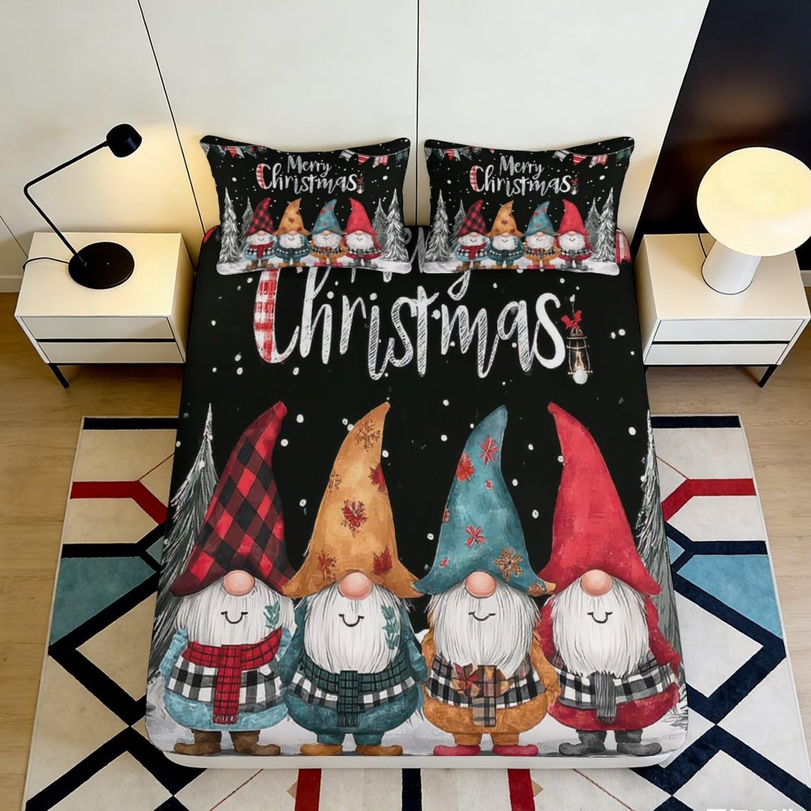 3D Printed Christmas Gnomes Fitted Sheet Microfiber Soft Durable Merry Xmas Bed Cover for Bedroom Dormitory Guest Room Mattress Protection 180x200x25cm