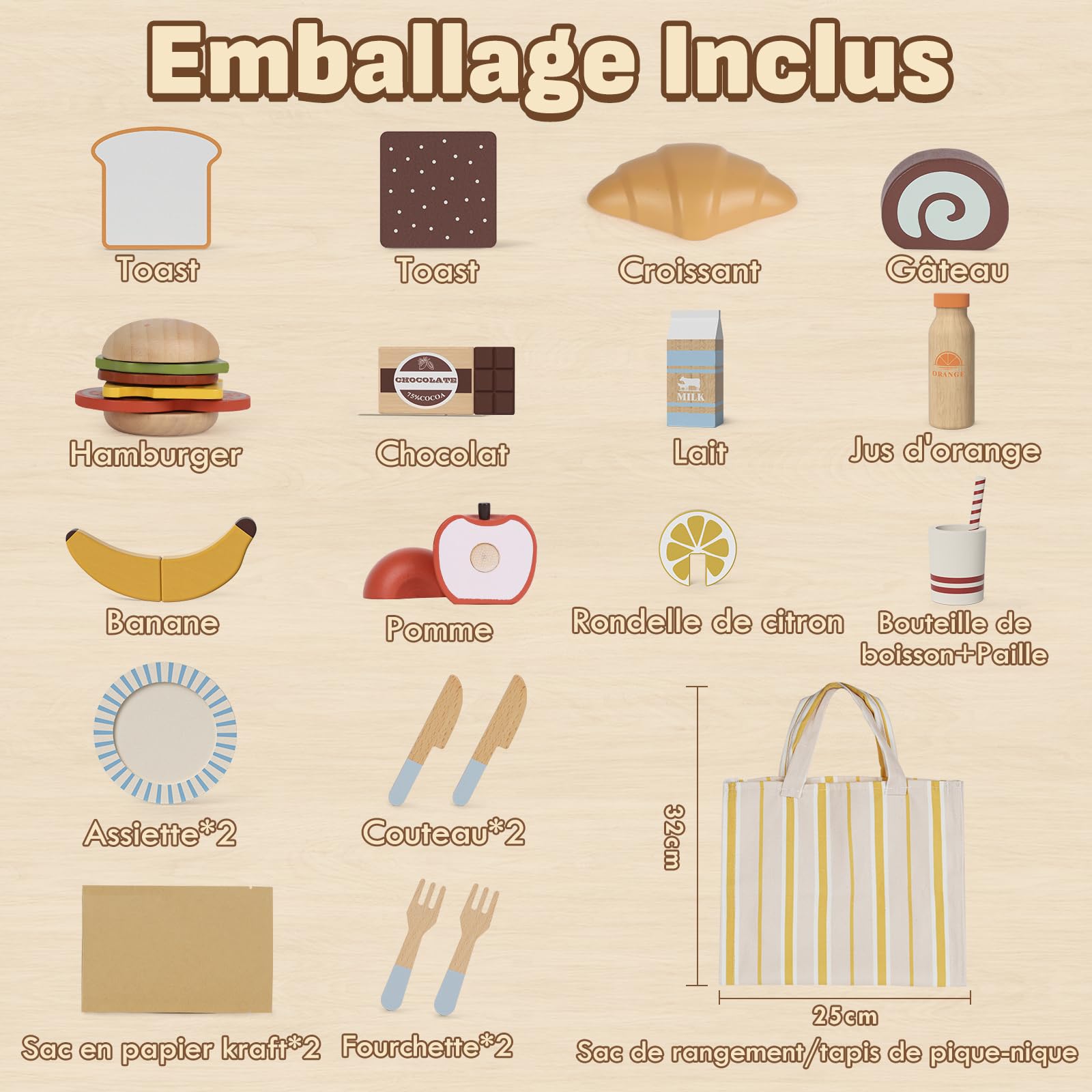 Lehoo Castle Cuisine en Bois Enfant, Jouets de Pique-Nique en Bois Apportez des Dessert, Dinette Enfant avec Sac de Rangement, Jouets en Bois Paques Cadeau Enfant Fille Garcon 3+ Ans