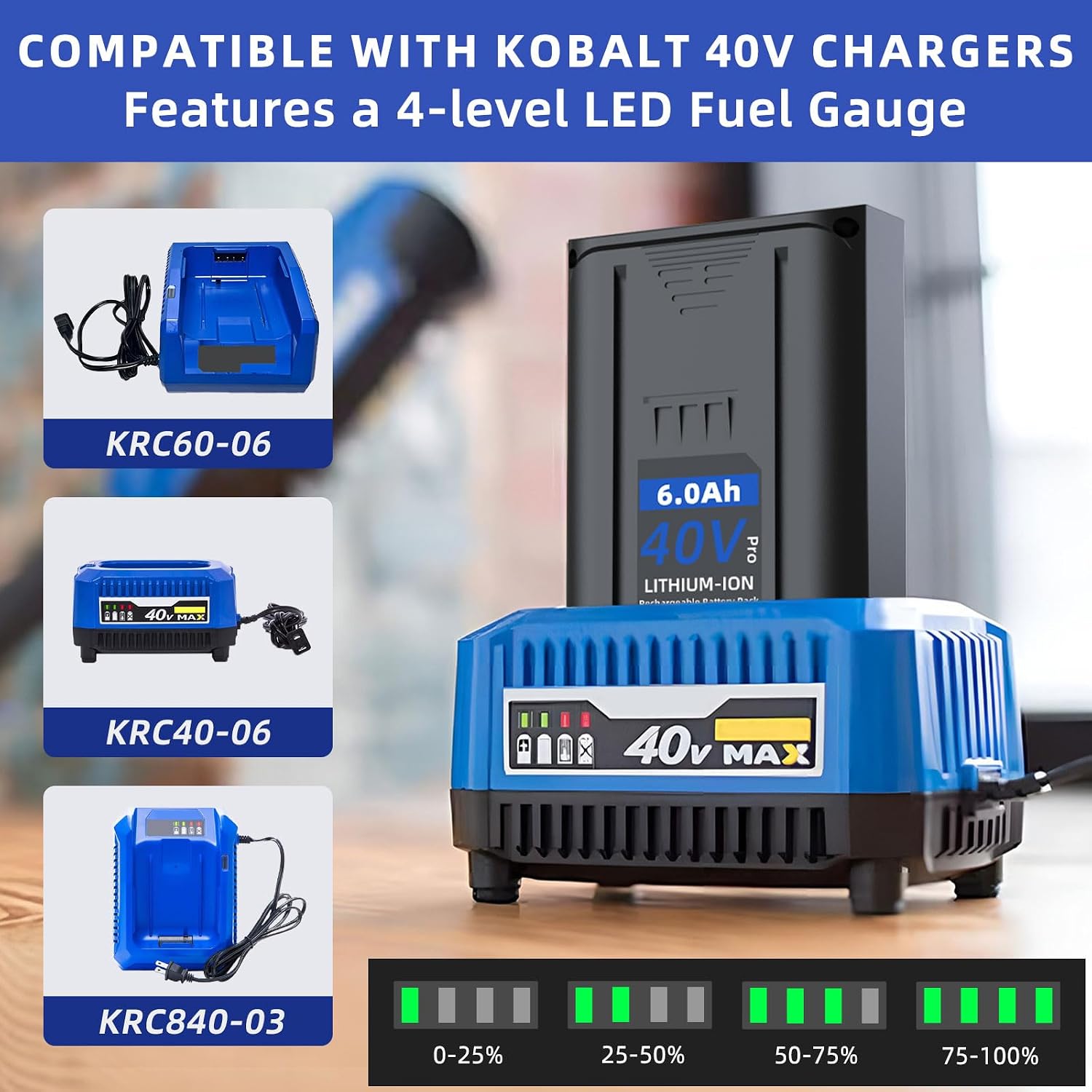 6.0Ah Battery Replacement for Kobalt 40V Battery KB-540-06 KB440-06 KB2540C-06, Compatible with Kobalt 40 Volt Cordless Tools Lawn Mower KPM1040B-03 Chainsaw
