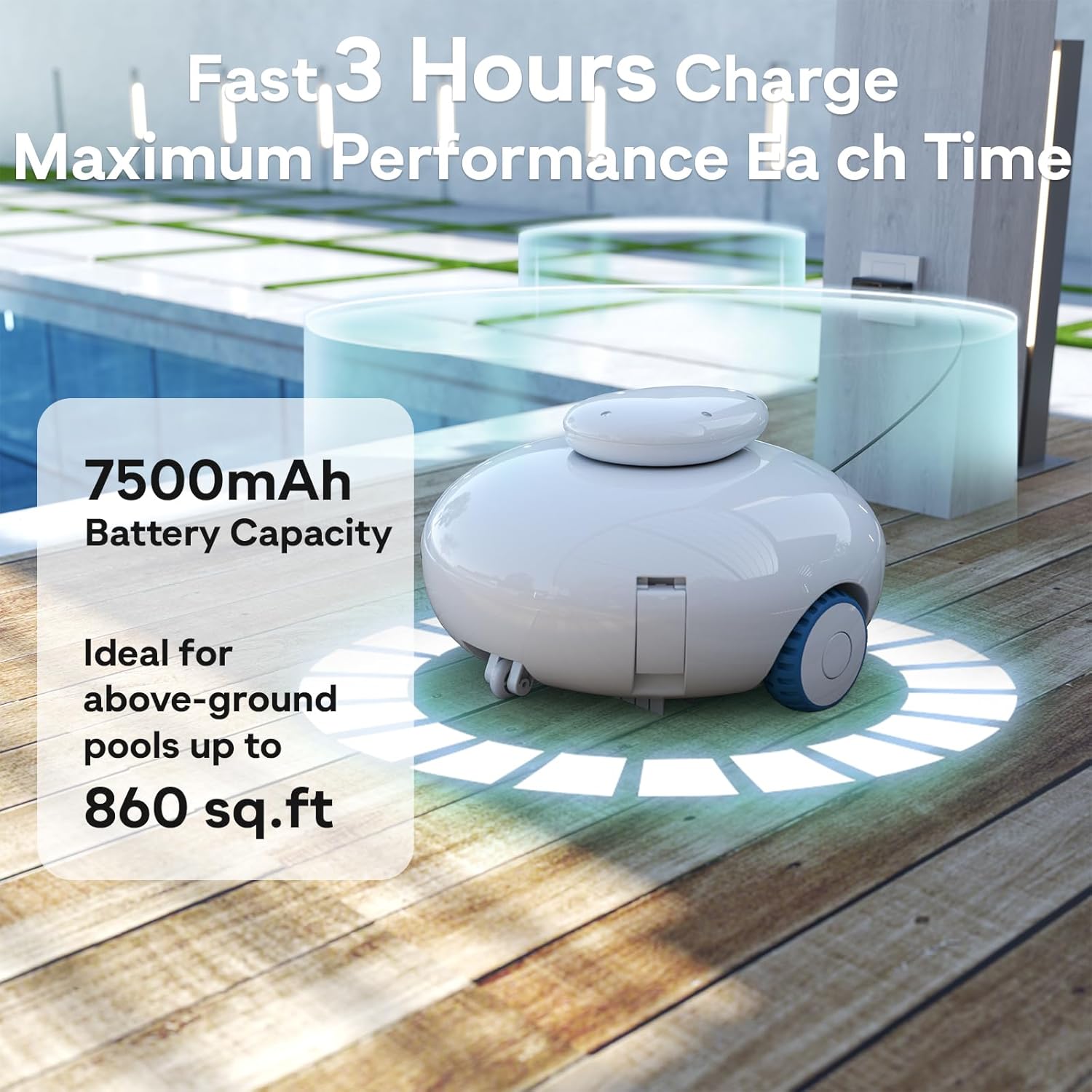 Cordless Robotic Pool Cleaner, 90 Min Pool Vacuum with Self-Parking, Brushless Motor, Lightweight Design, Ideal for Above Ground Flat Pools up to 860 Sq.Ft, White