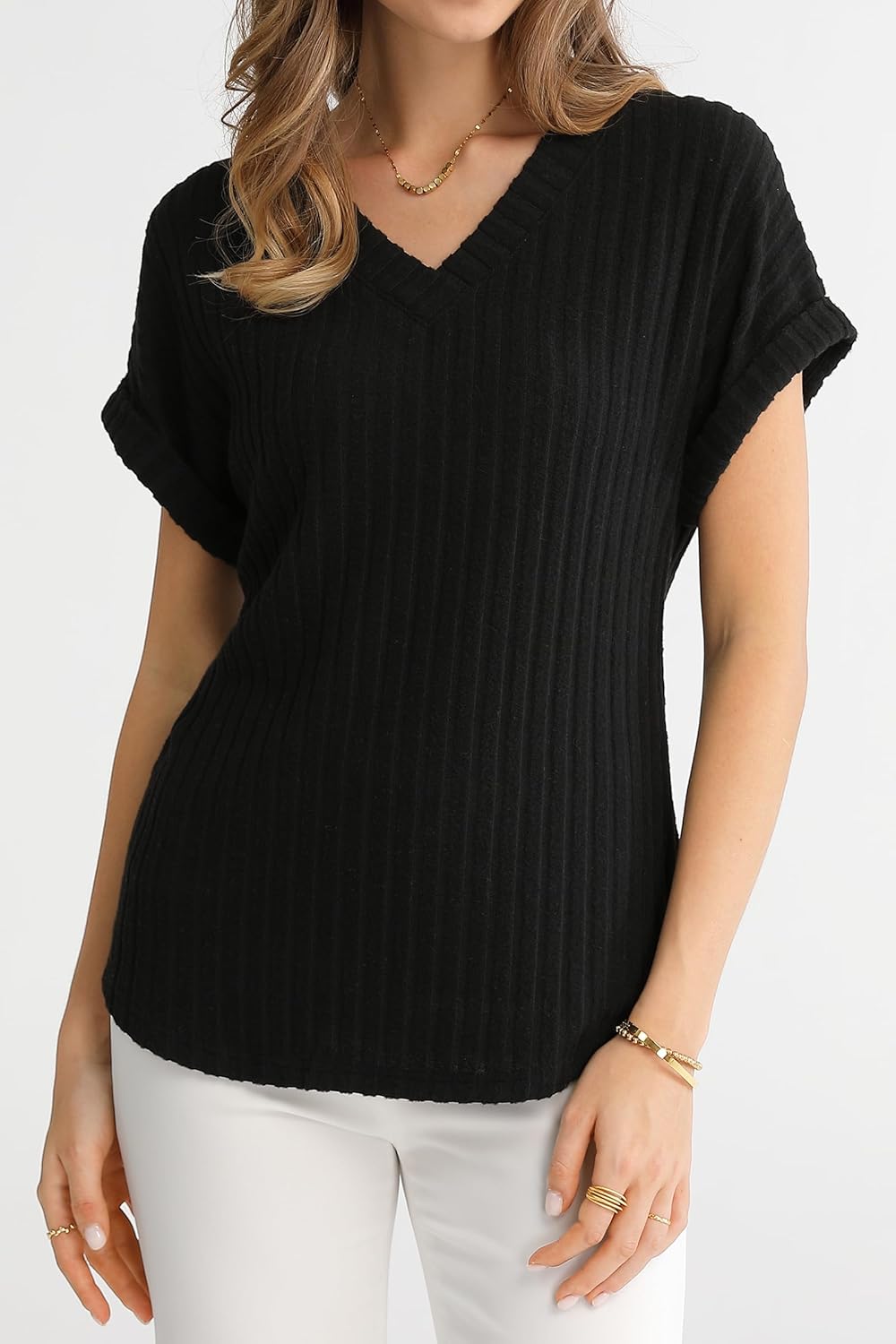 QUALFORT Womens V Neck Tunic Shirt Ribbed Knit Short Sleeve Loose Fit Tops Spring 2026 - Image 2