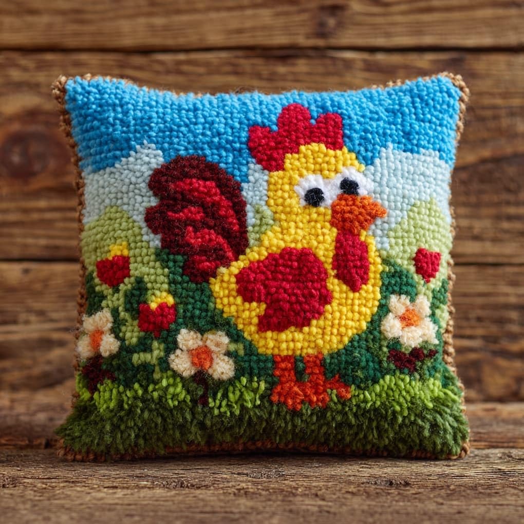 Henypt 43x43cm Latch Hook Rug Kit,Cartoon Rooster Beginner DIY Crochet Craft Set,Soft Yarn Cushion Kit for Living Room Sofa Decoration