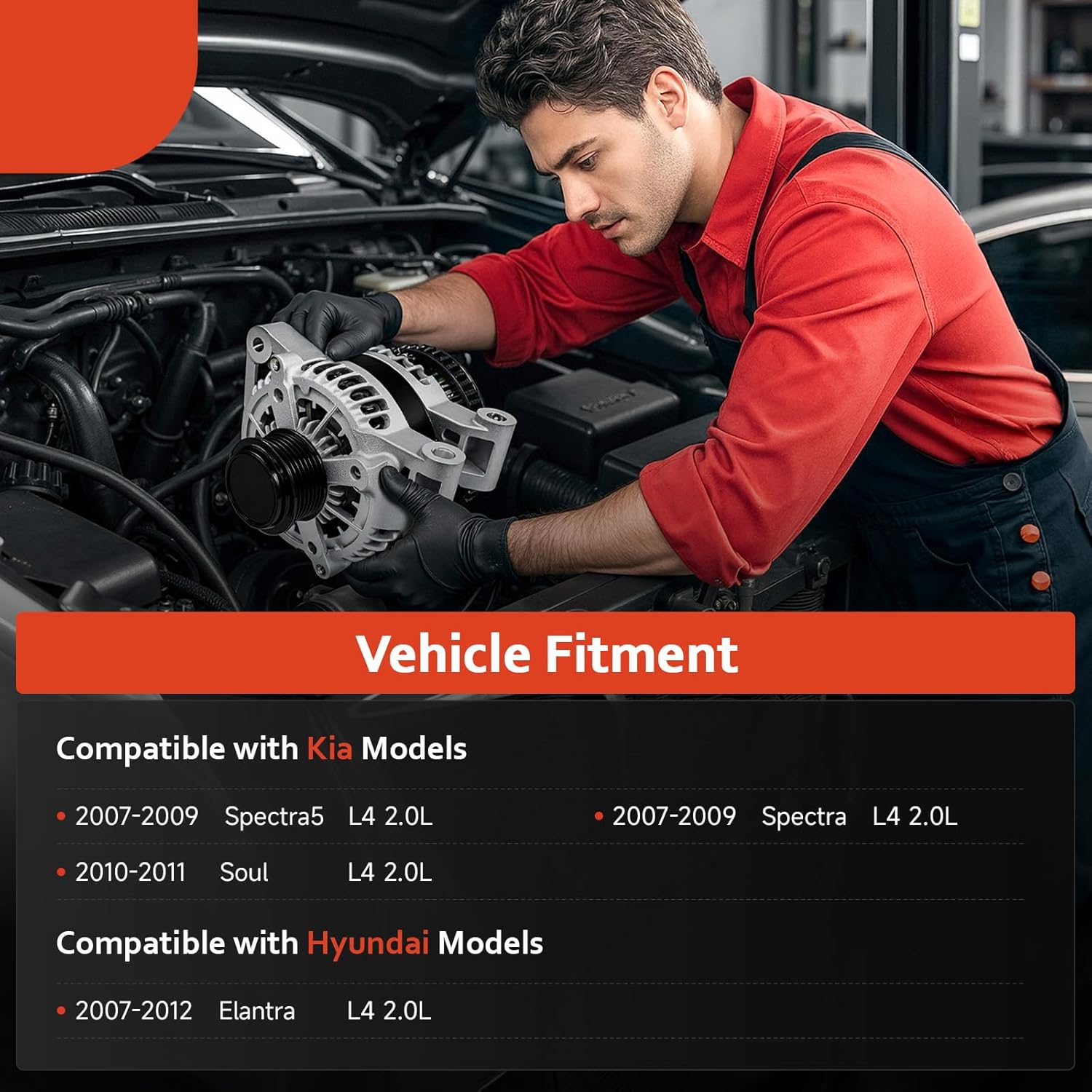 NEW Alternator Replacement for 2007 2008 2009 2010 2011 2012 Hyundai Elantra 2.0L,2010 2011 Kia Soul 2.0L,Spectra 2007-2009 2.0L L4,Spectra5 2007-2009 2.0L,11311,11311N,2655635, 3730023650, AVA0102