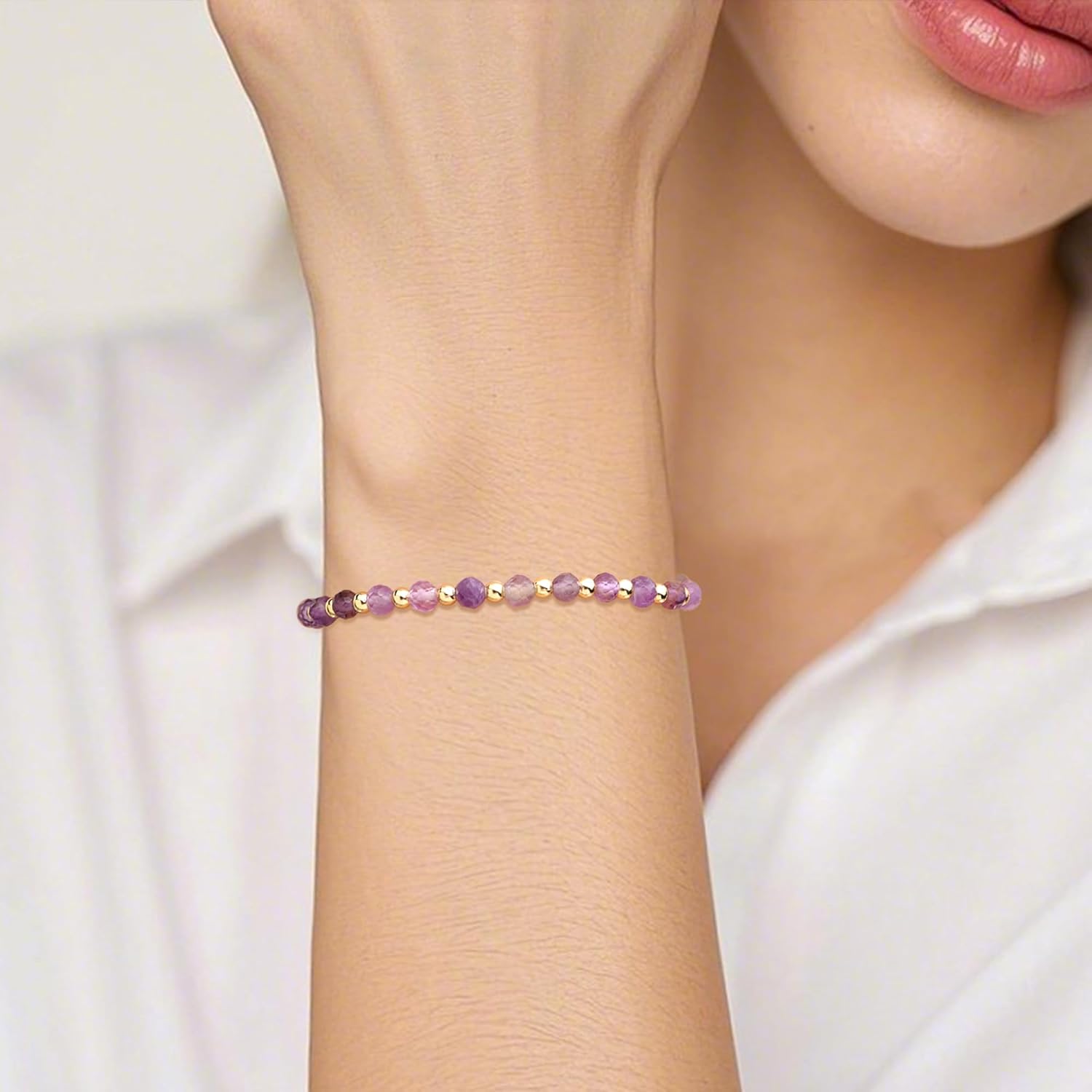 Rainbow Gemstone Beaded Bracelets Stack for Women, Handmade Gold Beads Natural Stones Stackable Strand Bracelet Summer Beach Jewelry Gift. - Image 2