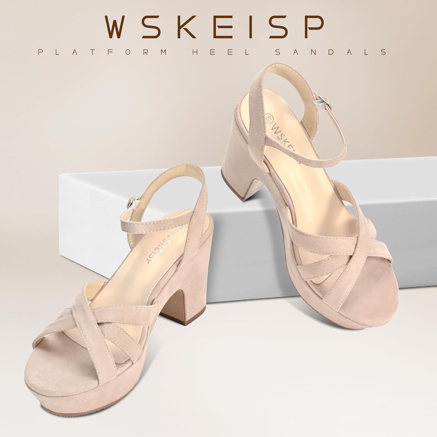 WSKEISP Women's Platform Heels Sandals Ankle Strap Block Chunky Heel Suede Peep Toe Fashion Dress Wedding High Heeled Wedges Pumps - Image 3