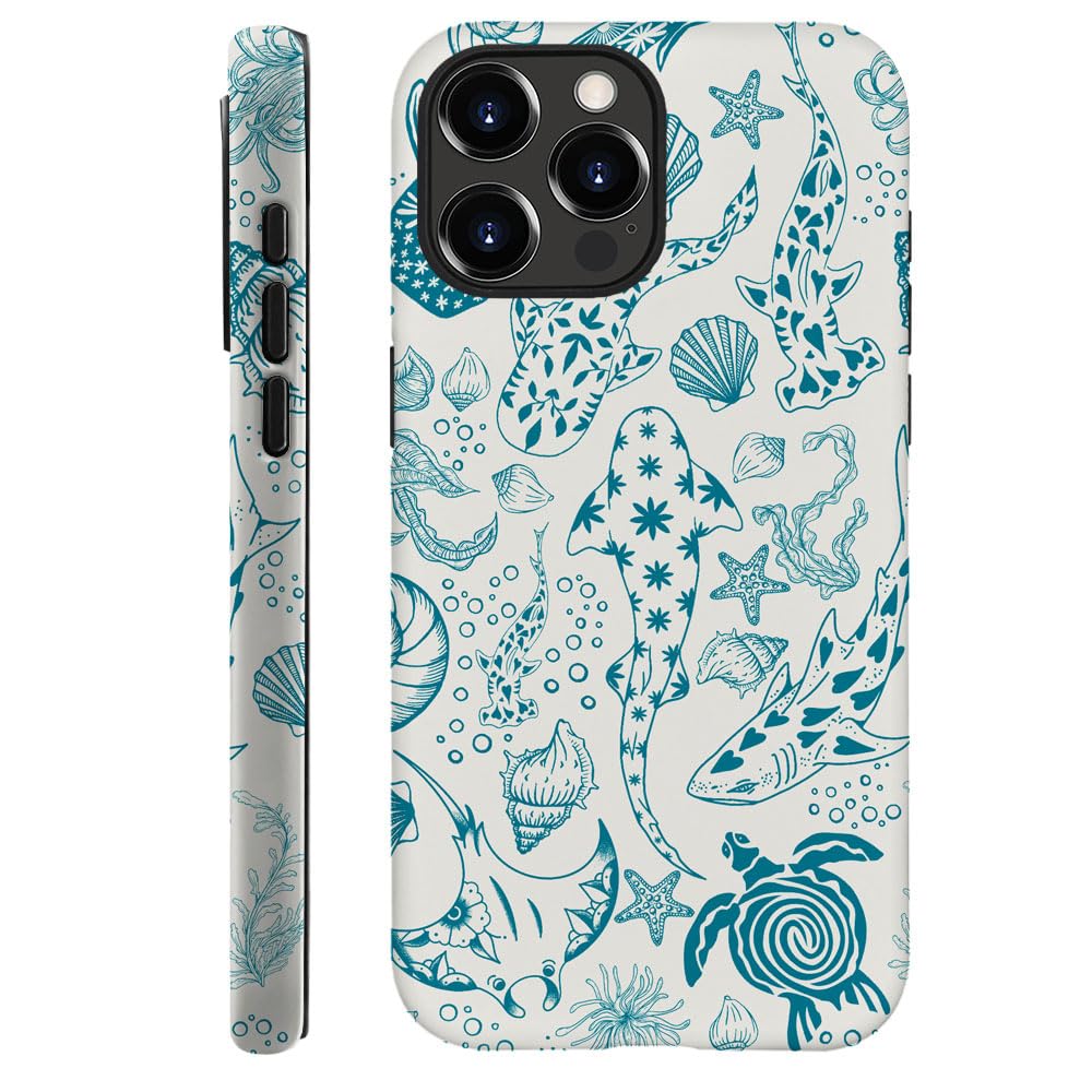 Case for iPhone 14 Pro,Fits Frosted Case Design for Girl Women,Sharks Turtles Shells Seaweed Green