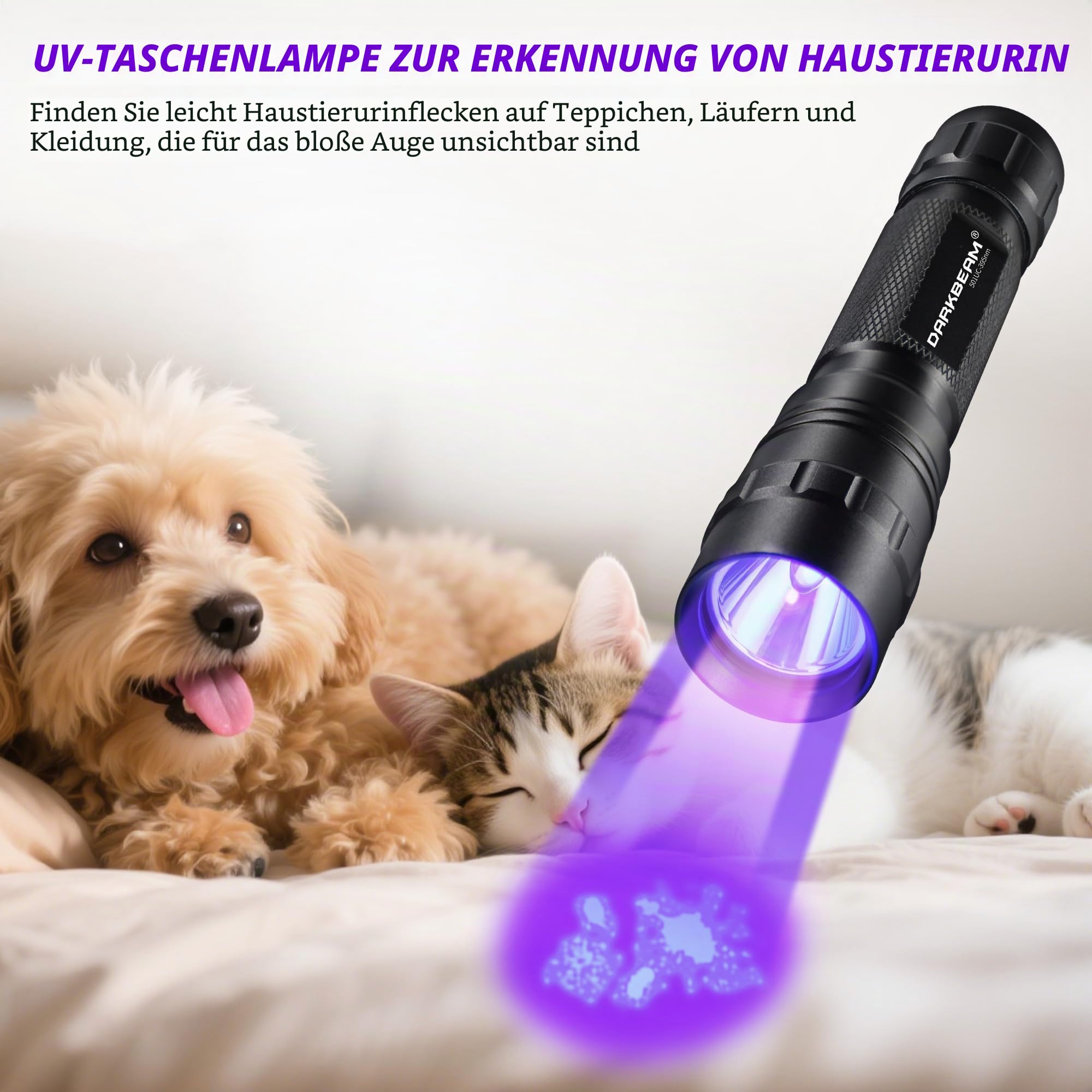 DARKBEAM Taschenlampe UV 395nm Schwarzlicht, Mini & Leistungsstarke Wood's Lamp USB-C LED Wiederaufladbares Schwarzlicht, 10W Tragbarer Haustier-Hundeurin-Detektor – Harzhärtung, Fluoreszierend