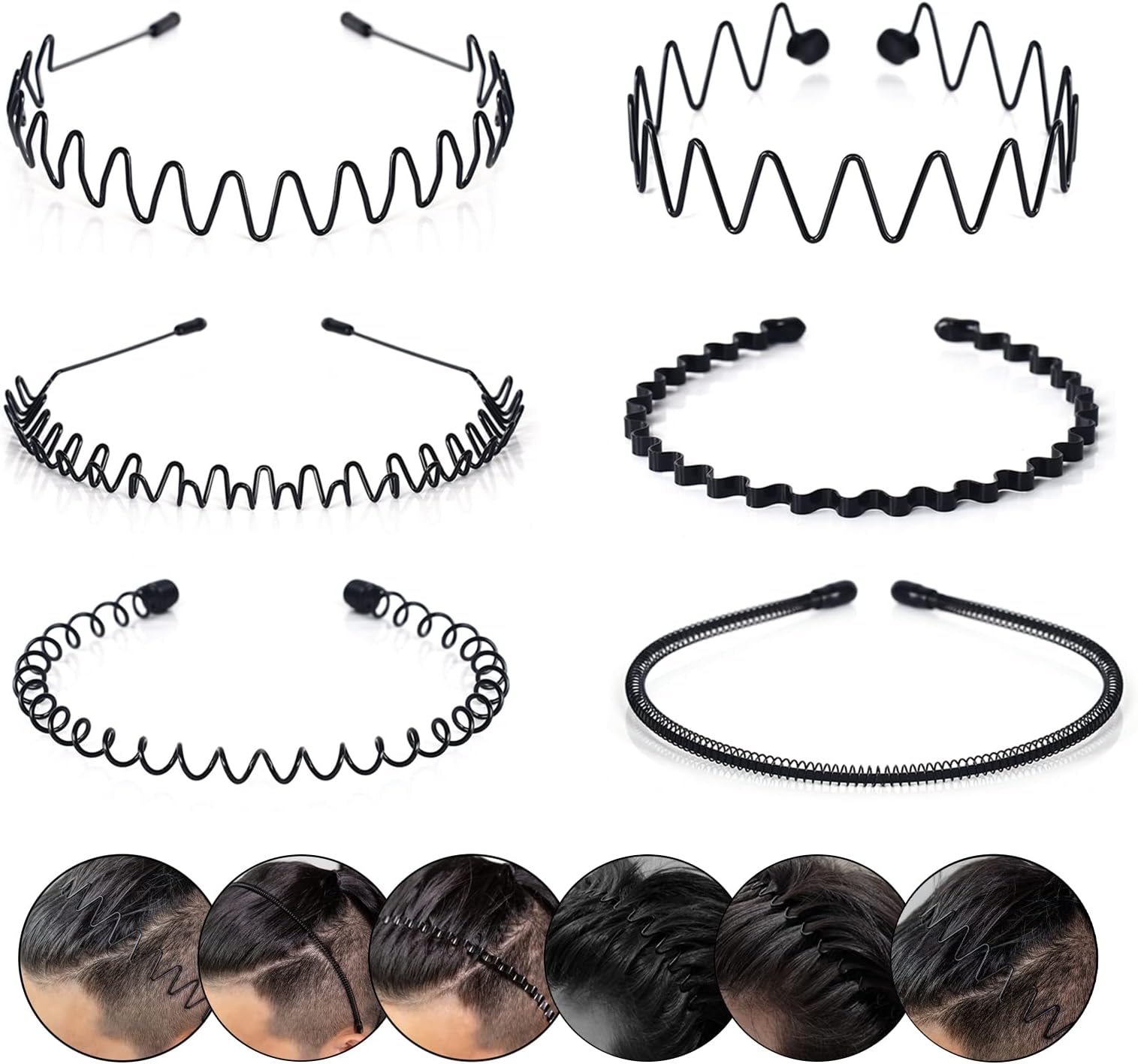 CAMKONG 6PCS Metal Hair Band for Men Headbands Women Wavy Hairband Spring Hair Hoop Sports Fashion Hair Bands Unisex Black Elastic Non Slip Simple Headwear Accessories