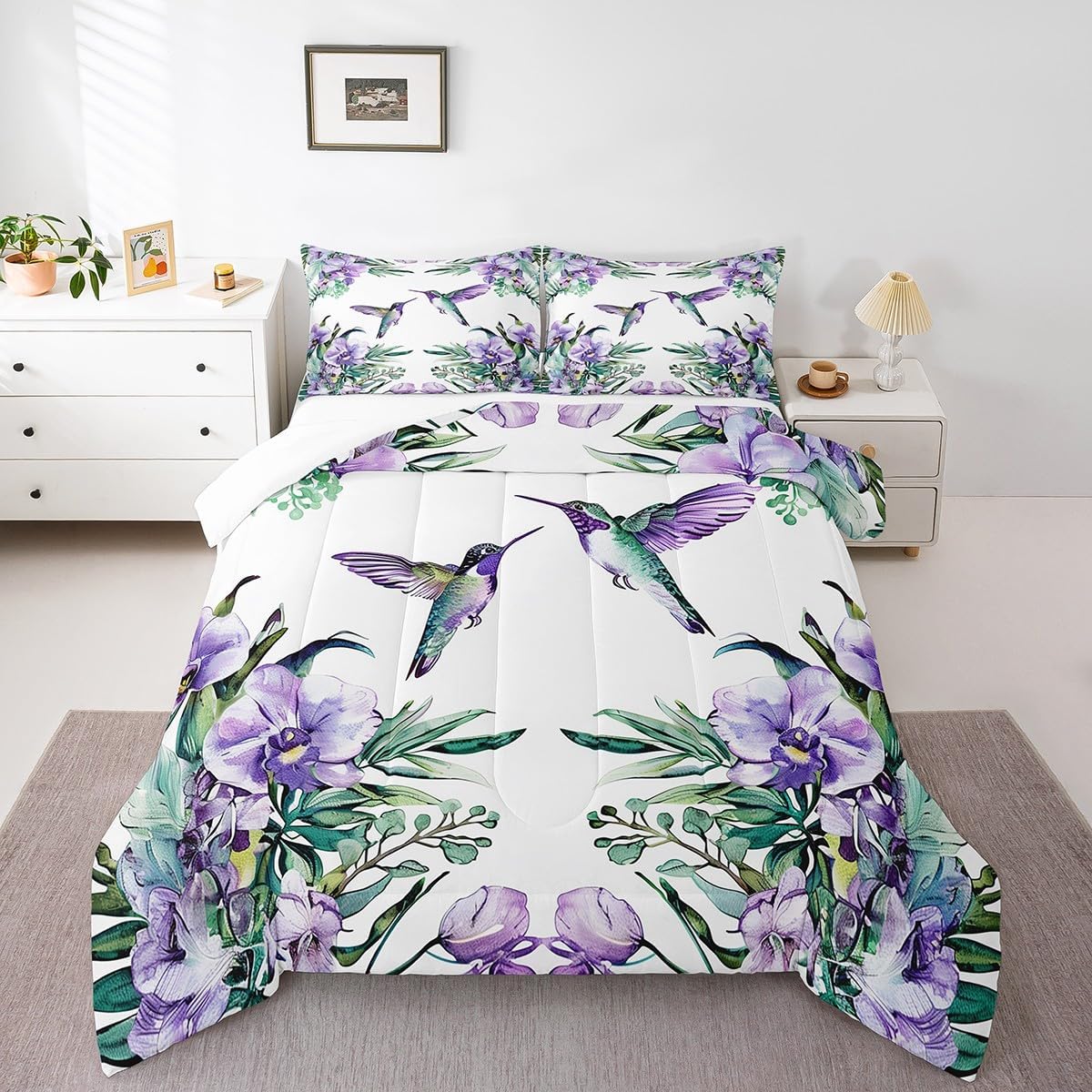Erosebridal Hummingbird Bedding Set Purple Flowers Comforter Set for Boys Girls,Lavender Garden Floral Bird Quilt Tropical Palm Leaves Duvet Insert King,Botanical Jungle Plant Room Decor