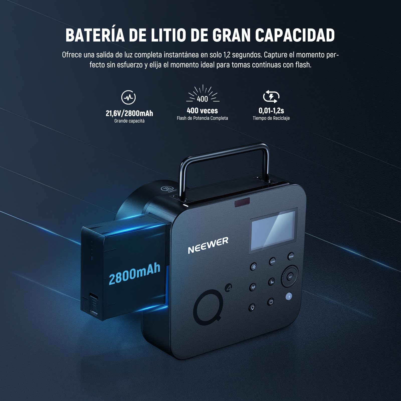 NEEWER Q4 400Ws Flash Estroboscópico 2.4G TTL Disparador QPRO-C Compatible con Canon 1/8000 HSS/Lámpara de Modelado 30W/400 Potencia Completa/Reciclaje 0.01-1.2s/Batería 21.6V 2800mAh para Fotografía