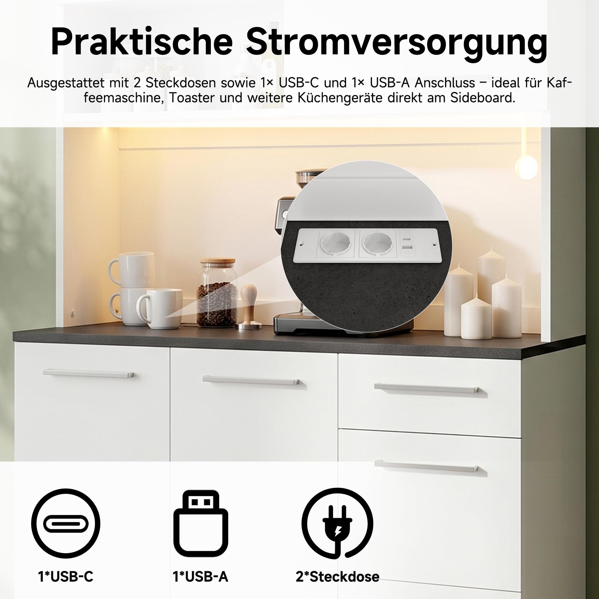Küchenschrank mit Arbeitsplatte und LED-Beleuchtung und USB, Weiß