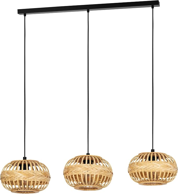 Eglo Amsfield Lámpara colgante de 1 o 3 luces, sobre mesa de comedor, lámpara colgante de metal negro y bambú marrón, lámpara colgante de madera con casquillo E27, L 96 cm