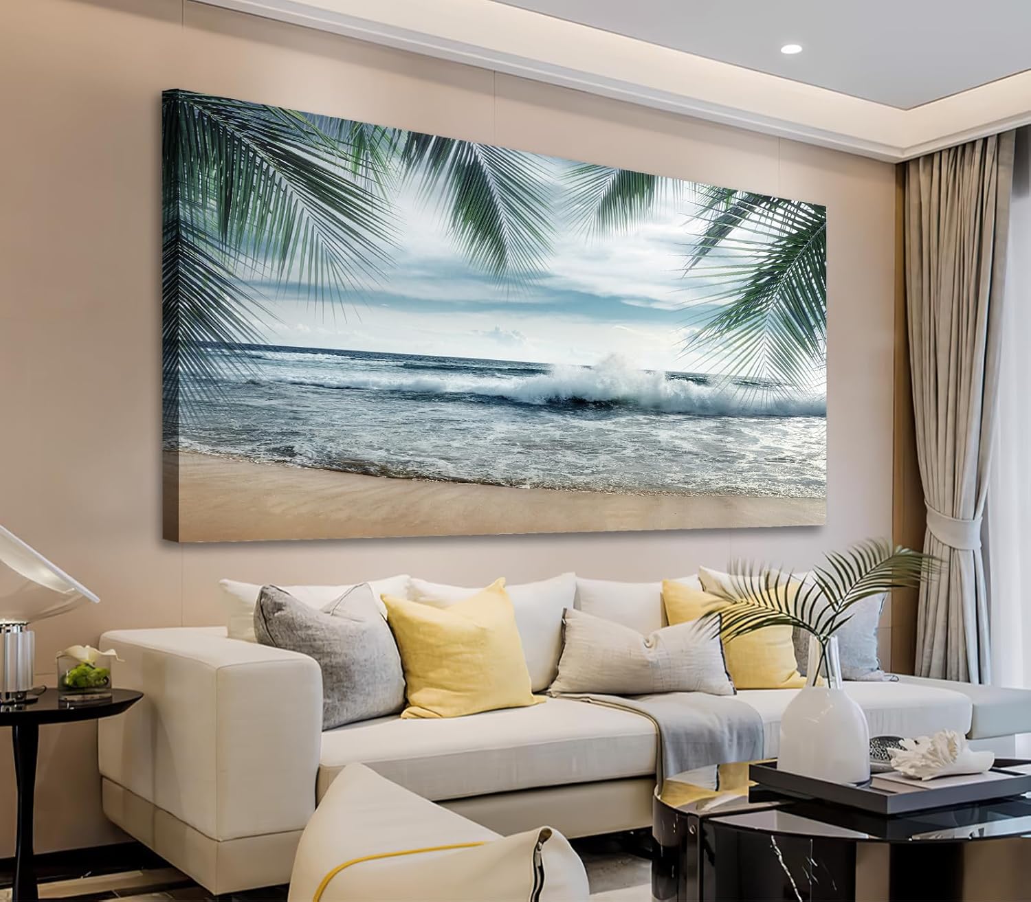 arteWOODS Tropical Beach Canvas Wall Art - Ocean Waves Pictures Coastal Oceanic Blue Sky Sea Print Seaside Palm Tree Leaves Scene Painting Artwork Living Room Bedroom Office Home Decor 29" x 58" 29" x 58" ( Gallery Wrapped ) Elegance of Vast Ocean Waves
