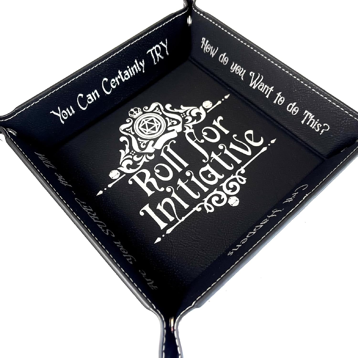 Roll Initiative Dice Tray DnD, Vegan Leather, Gift, Made by LaserTavern (Black/Gold)