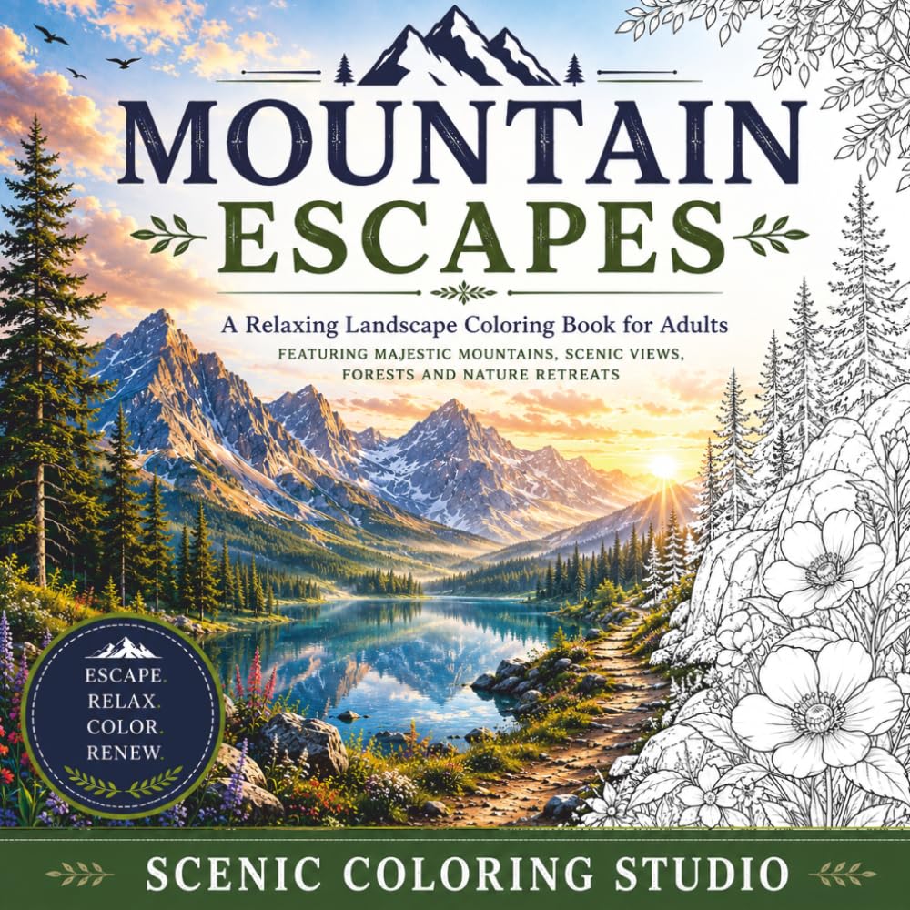 MOUNTAIN ESCAPES: A Relaxing Landscape Coloring Book for Adults Featuring Majestic Mountains, Scenic Views, Forests and Nature Retreats