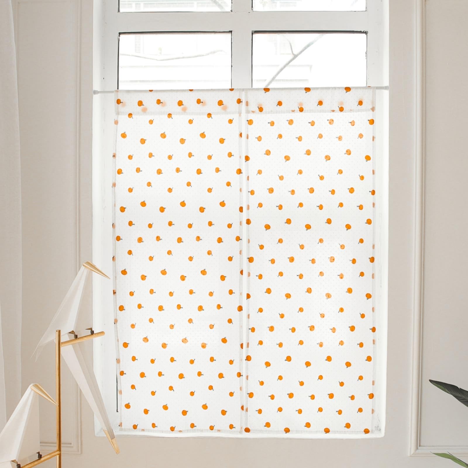 KnSam 2er Scheibengardine Voile Bistrogardine HxB 30x140cm, Orange Muster Beige Orange Bistrogardine Kurz, Haken Baumwolle Fenster Vorhang für Privatsphäre Fenstervorhang Wohnzimmer
