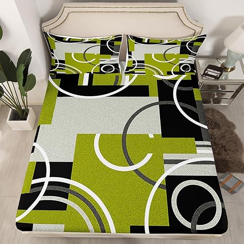 Vista 29 de Juego de sábanas modernas de tamaño Queen, color amarillo, gris y negro, juego de sábanas geométricas a rayas para niños, niñas, niños y Multi 039