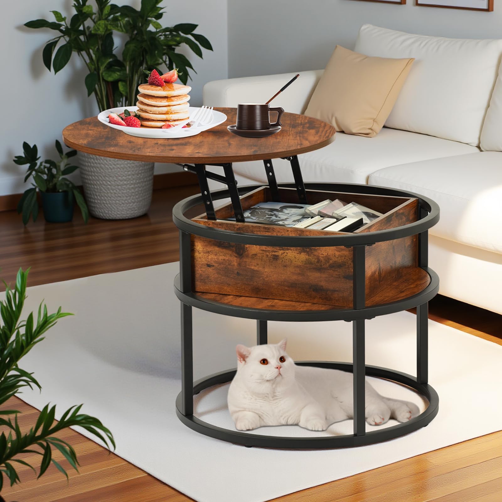 EGGREE Table Basse Relevable avec Rangement Caché,60x60X48cm-62cm,Table Basse Ronde Bois,pour Salon, Bureau,Chambre, Balcon Marron