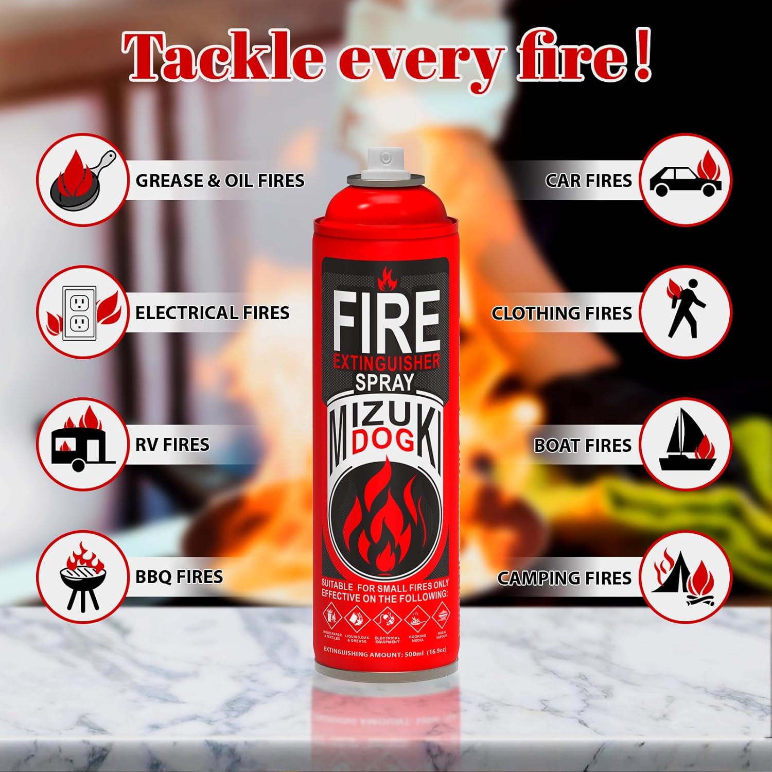 3-Pack Portable Fire Extinguisher for Home – Small ABCK Fire Extinguisher Spray with Mounting Bracket – Ideal for Vehicle, Kitchen, house– Prevents Reignition, 8-in-1 Extinguishing Solution