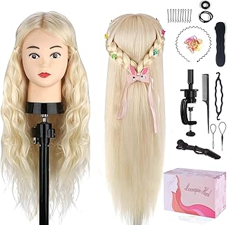 Beauty Star Mannequin Head with 80% Real Human Hair, Doll Head for Hair Styling, Cosmetology Training Manikin Practice Head with Clamp Stand and Braiding Kit (Suitable for Straightening, Curling)