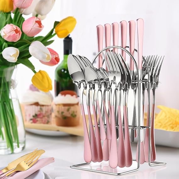 Flatware Set with Stand, 24 Pieces Stainless Steel Cutlery Set with Holder, Knife Fork Spoon Hanging Flatware Setfor 6 Person, Modern Kitchen Eating Utensils Set (Pink)