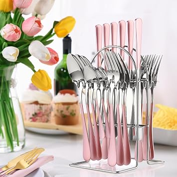 Flatware Set with Stand, 24 Pieces Stainless Steel Cutlery Set with Holder, Knife Fork Spoon Hanging Flatware Setfor 6 Person, Modern Kitchen Eating Utensils Set (Pink)