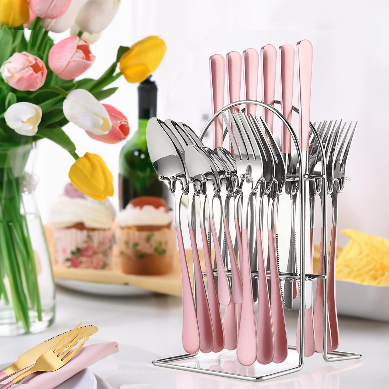 Juego de cubiertos con soporte, juego de cubiertos de acero inoxidable de 24 piezas con soporte, tenedor y cuchara para 6 personas, moderno juego de utensilios de cocina (rosa)