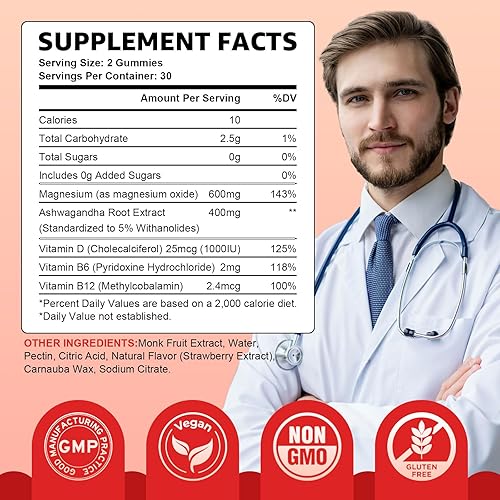 Miniatura 2 de Paquete de 2 gomitas de óxido de magnesio de 600 mg, suplemento de óxido de magnesio sin azúcar para adultos y niños, apoyo nervioso y muscular,