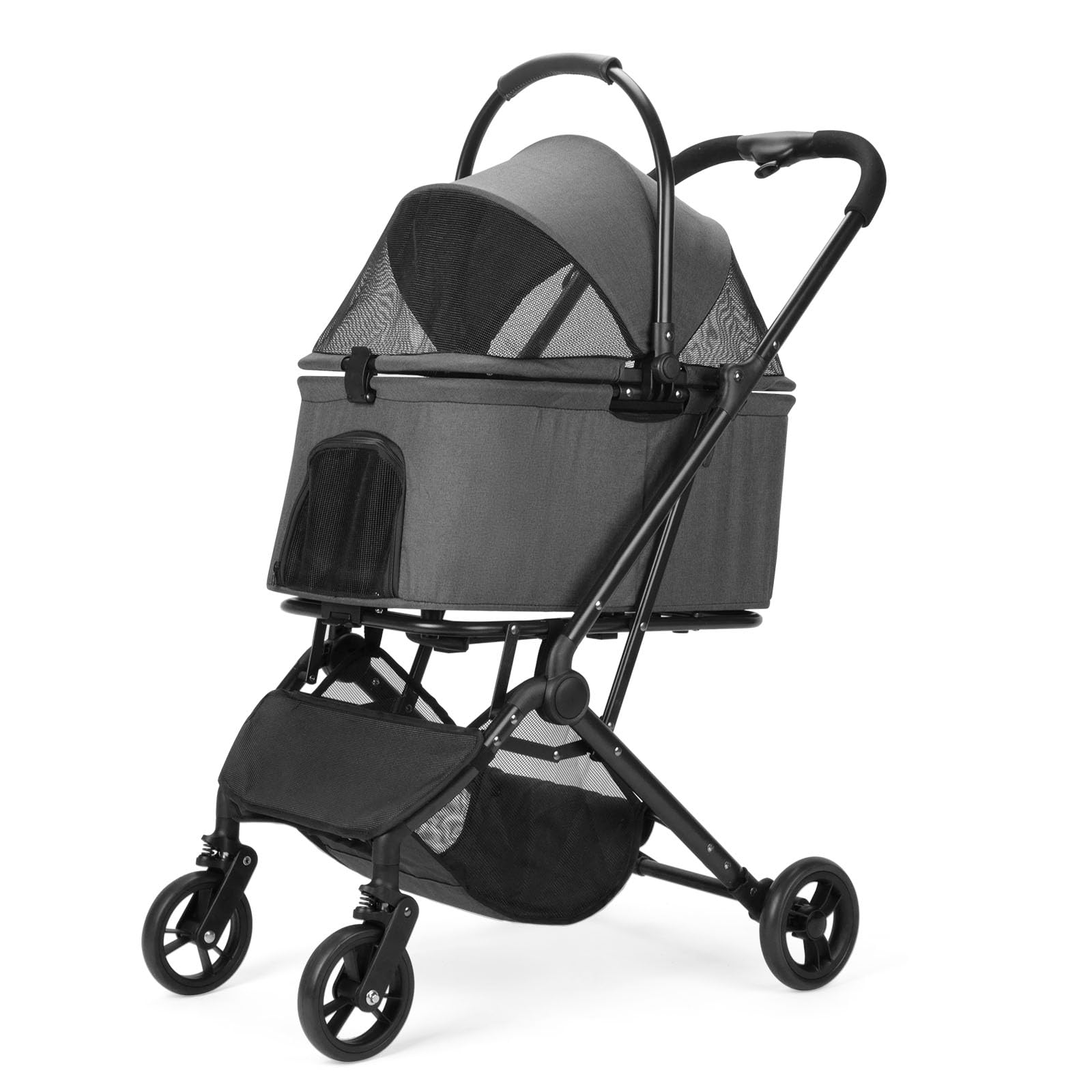 AESRAOU 2 IN1 Dog Strollers with Removable Carrying Basket, Foldable Puppy Carts with 4 Fast Wheels, Minimalist Pets Stroller with Storage Bag for Medium Small Dogs Cats Outdoor Travel (Dark Grey)
