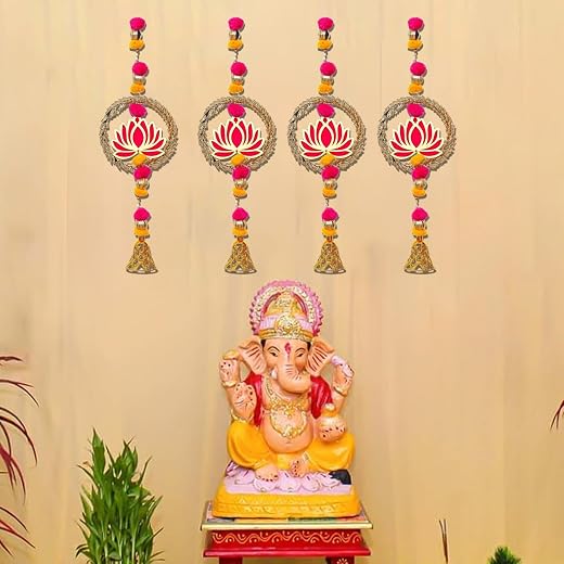 eCraftIndia Lotus in Golden Rings with Pom Pom &amp; Bell Toran for Home Decor (Pack of 4) | Lotus Hangings for Main Door Entr...