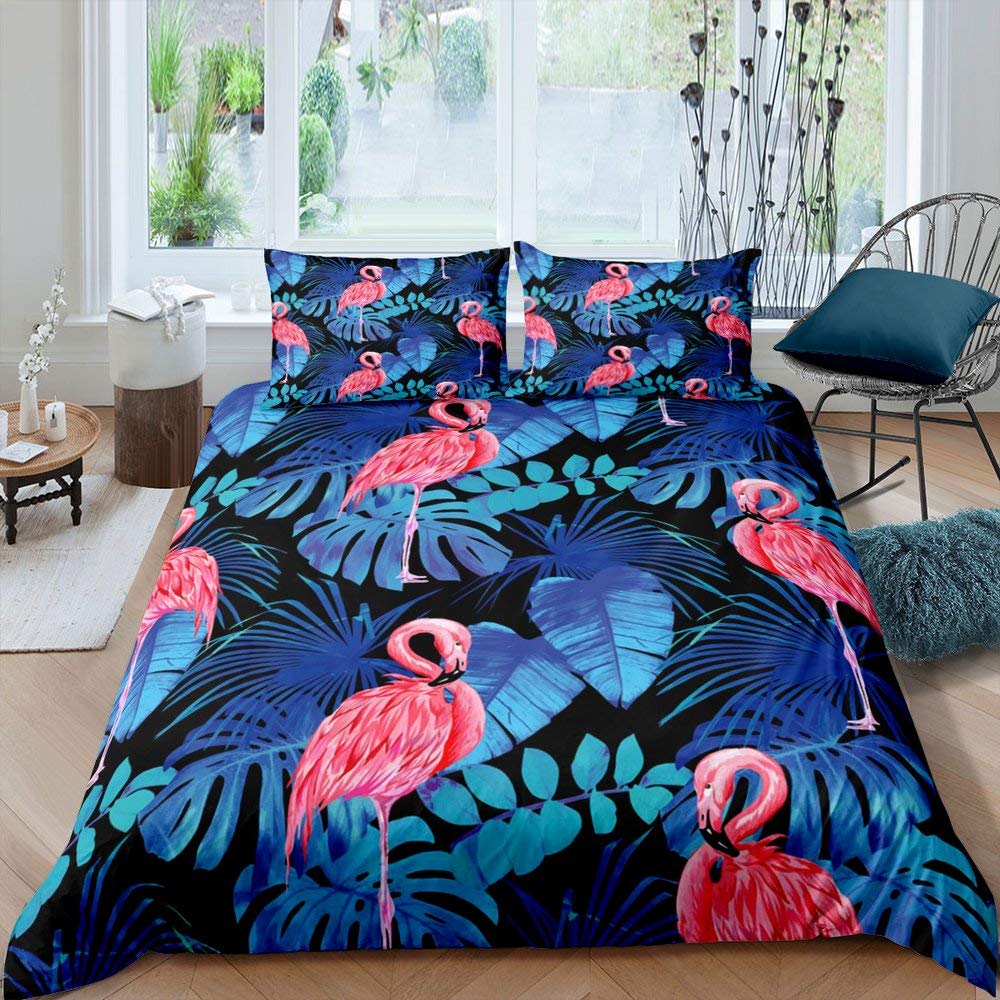 Set di biancheria da letto con motivo fenicottero rosa, motivo foglie tropicali, set di 3 pezzi, per bambini e ragazze, in morbido poliestere con 2 federe (senza piumino