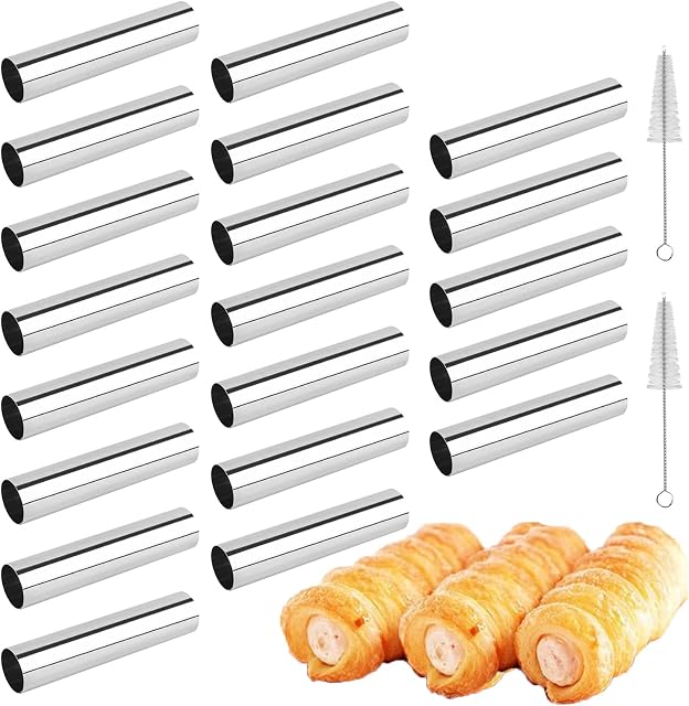 Non-Stick Cream Cannoli Tubes, RoseFlower 20 Pcs Stainless Steel Screw Croissant Mould Cannoli Shells Horn Cones Molds with 2 Clean Brush - Pastry Baking Set for Christmas Halloween Anniversary Party