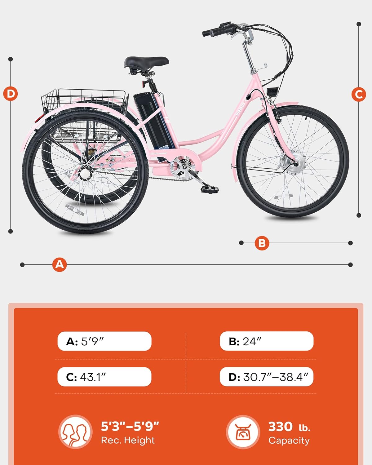 விரிபஸ் மின்சார முச்சக்கரவண்டியின் பரிமாணங்கள் மற்றும் பரிந்துரைக்கப்பட்ட சவாரி உயரம் மற்றும் எடை திறனைக் காட்டும் வரைபடம்.