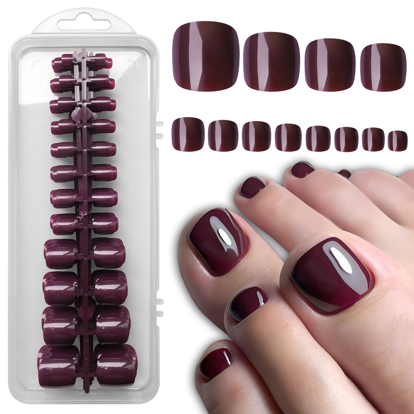 LoveOurHome 240pc False Toe Nails Colored Glossy Press on Toenails Full Cover Short Square Fake Toenails Artificial Pedicure Tips with Tabs Glue for