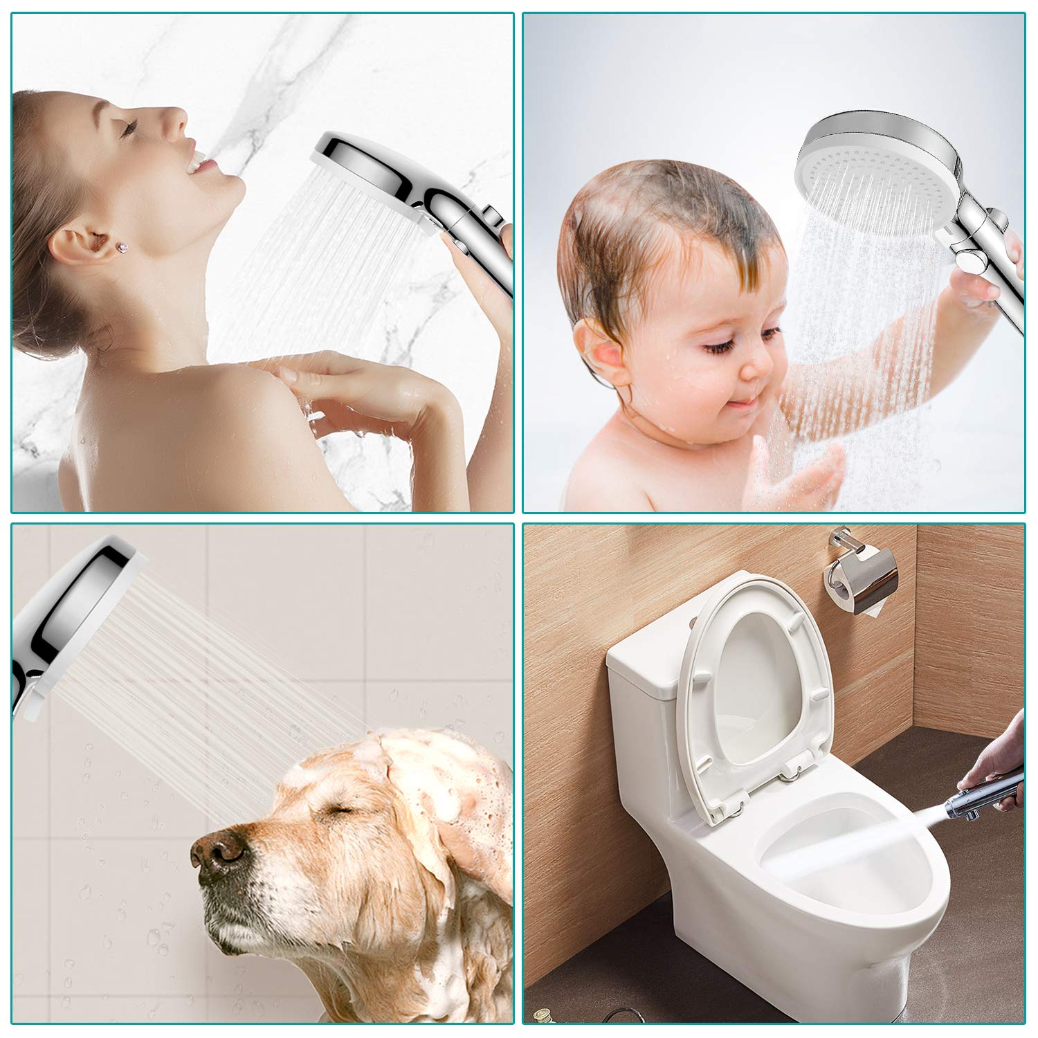 MIAOHUI Pommeau de douche avec tuyau et interrupteur marche/arrêt, 3 réglages haute pression, pommeau de douche amovible avec tuyau, support d'angle réglable, support de baguette basse portée, chrome