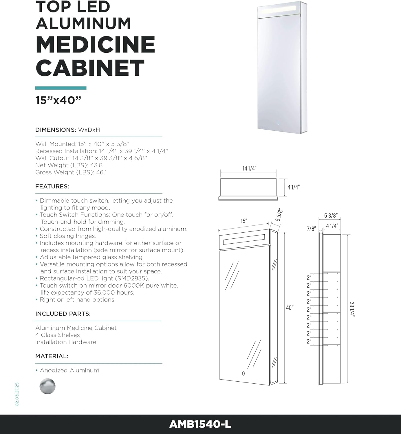 Fine Fixtures 15" x 40" Bathroom Medicine Cabinet, Aluminum Bathroom Vanity, Recessed Medicine Cabinet, Surface Mount, Left Hand Hinged, Mirrored Interior with LED Strips