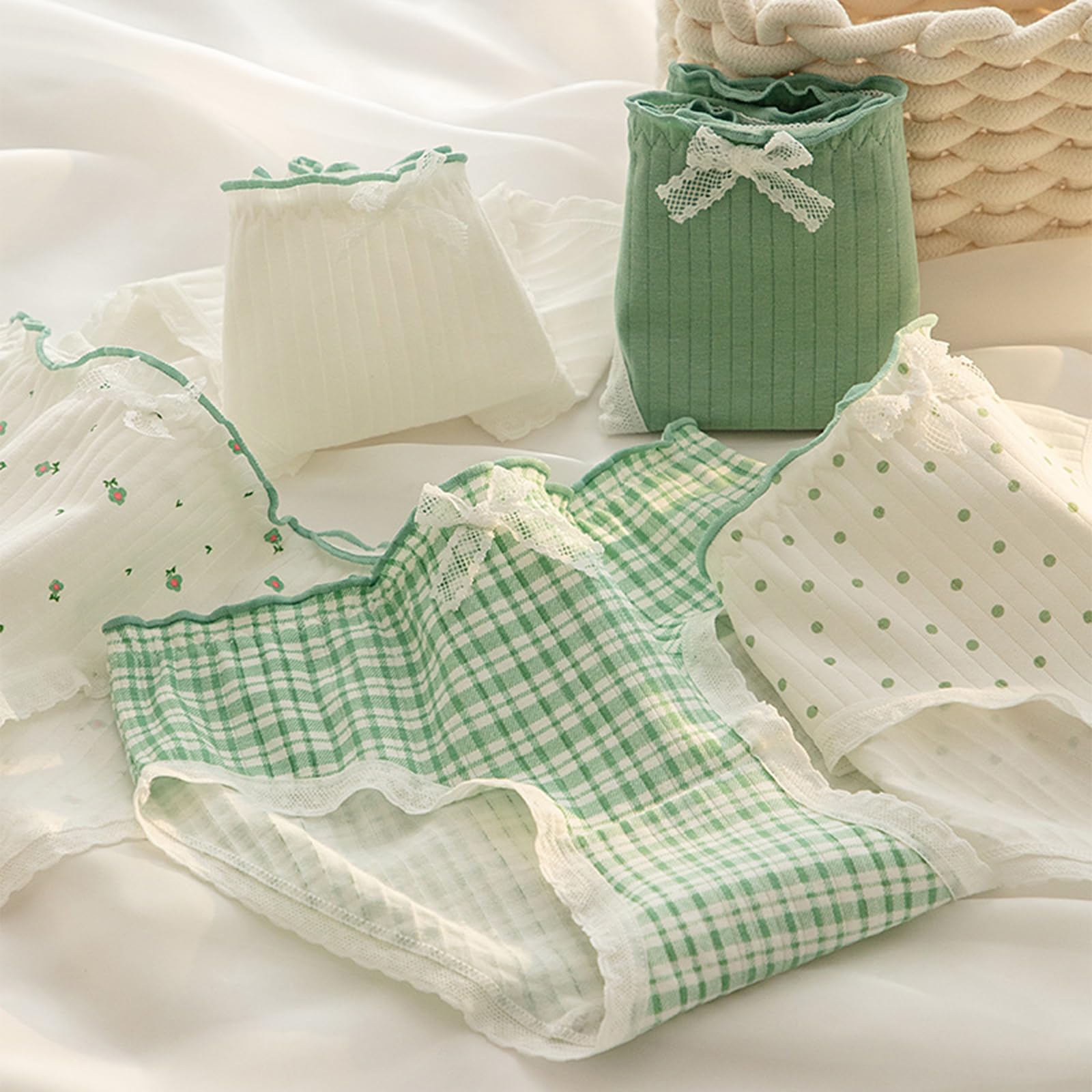Paquete de 5 bragas de algodón de tiro medio para mujer con patrones florales verdes a cuadros con lazos de encaje dulce