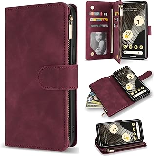 ZZXX Google Pixel 7 Pro Case Wallet with RFID Blocking Card Slot Soft PU Leather Zipper Flip Folio with Wrist Strap Kickstand Protective Cover for Google Pixel 7 Pro Wallet Case(6.7 inch Wine Red)
