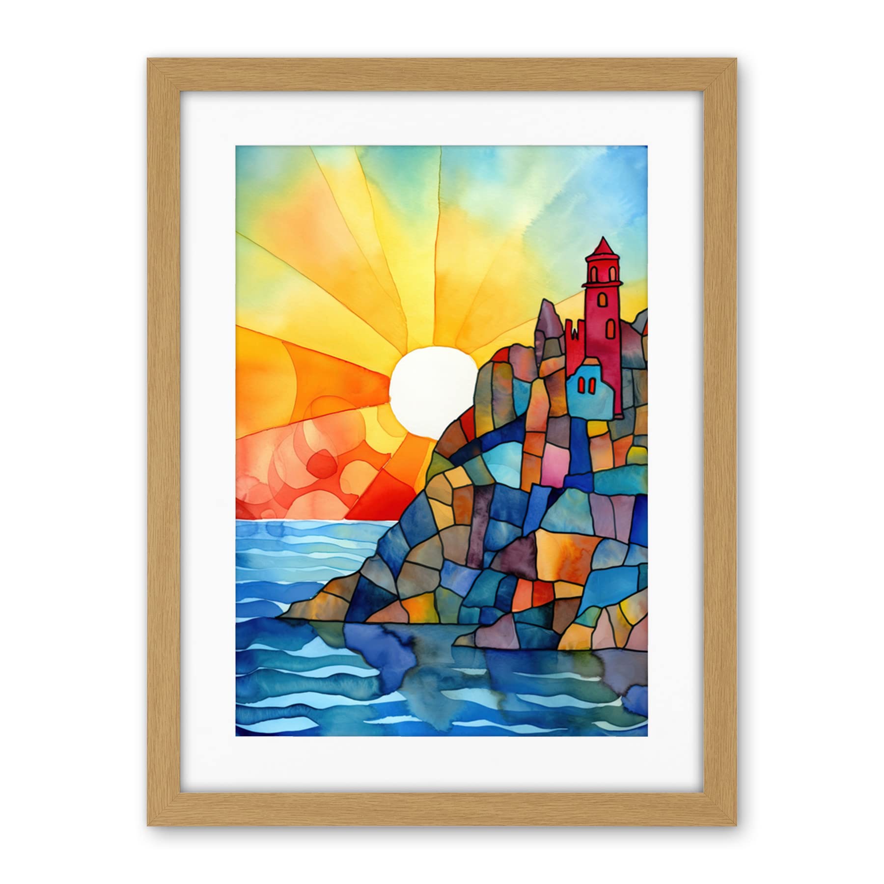 Artery8 Sunset Coastal Cliffs Lighthouse Folk Art Artwork Framed Wall Art Print 18X24 Inch