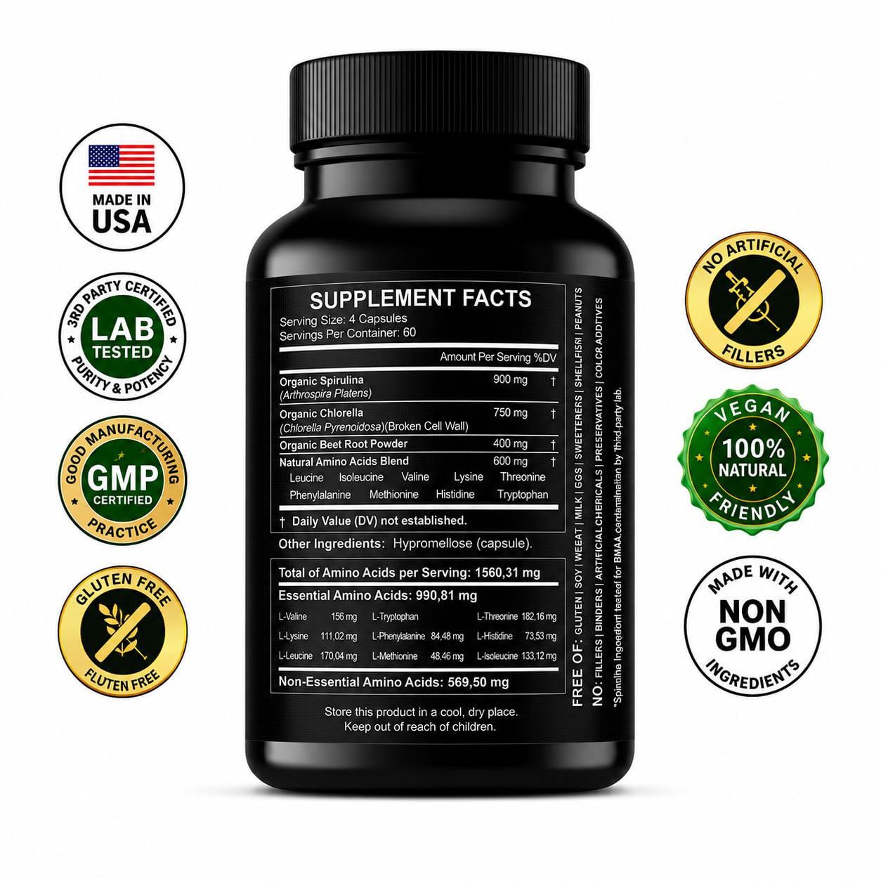 HCL HERBAL CODE LABS Essential Amino Acids Plant Based Supplement | All 9 EAAs & BCAAs | from Organic Spirulina, Chlorella & Beet Root | Made in USA | Vegan Amino Acids Capsules — Amazon image 2