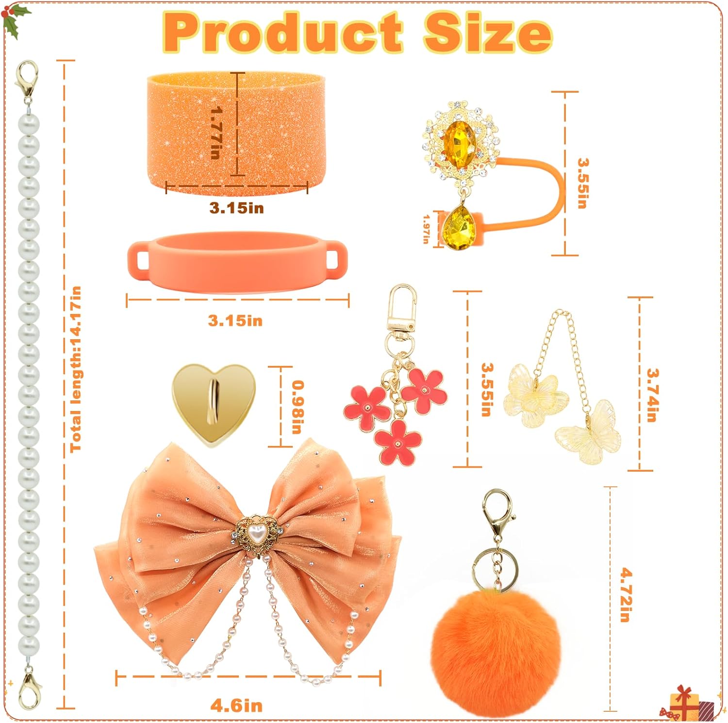 LBU Bling Stanley Cup Accessories for 40/30/20 oz Tumbler with Handle Including Orange Glitter Bow Straw Topper, Heart Straw Cover, Pearl Water Bottle Handle Strap, Boot, Pom-Pom, Keychain Charms - Image 2