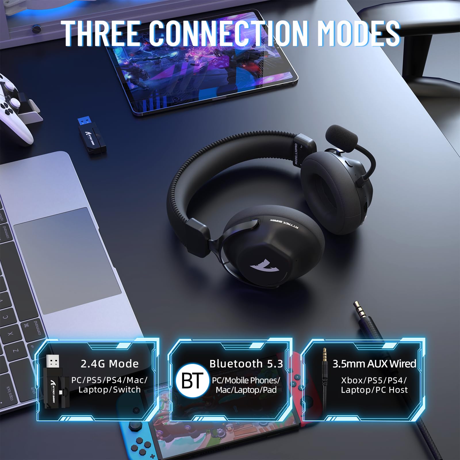 ATTACK SHARK L50PRO Auriculares Gaming Inalámbricos Sonido 7.1 Modos EQ Transductores 53mm Triple Conexión Batería 1100mAh Circumaurales con Micrófono Desmontable Anti Ruido para PC/Xbox/PS4,Negro