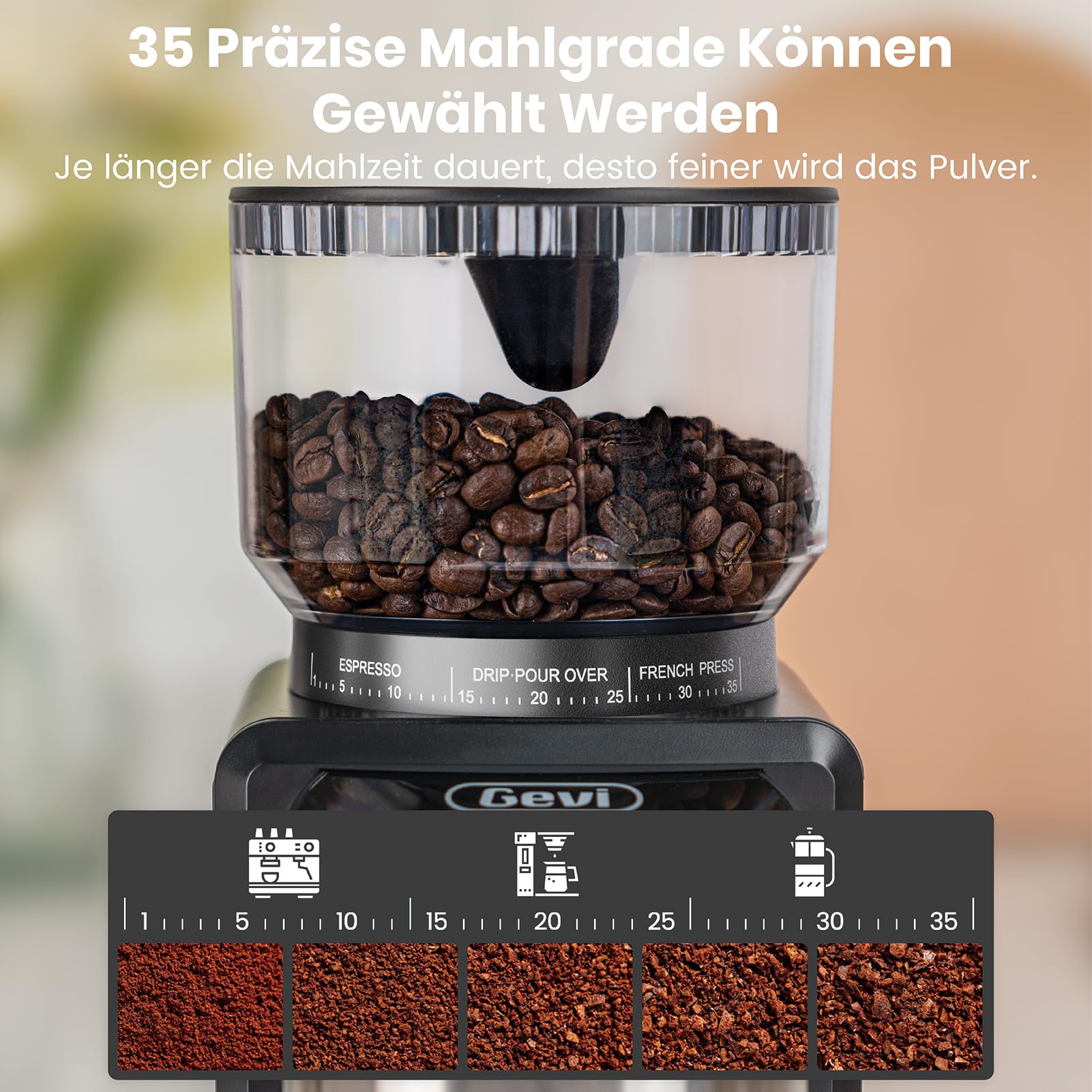 Gevi Elektrische Burr Kaffeebohnenmühle, 35 Mahlgradeinstellungen, 51 & 58 mm Siebträgerhalter