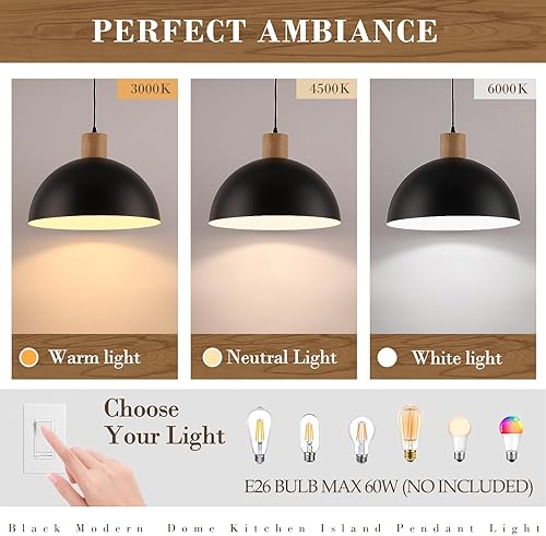 Miniatura 7 de Lámpara Colgante de Madera Maciza Negra, Luminarias de Lámparas Colgantes Modernas Negras Mate de 16 Pulgadas, Iluminación Colgante Ajustable Estilo